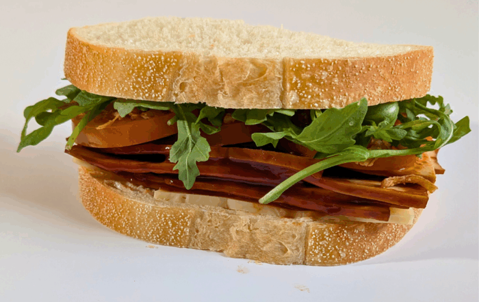 SMOKED TOFU WITH BBQ PEAR & SWISS CHEESE